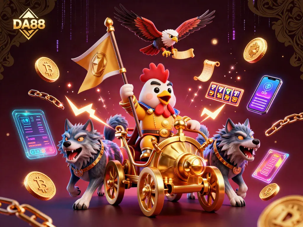 Engage with the DA88 casino adventure illustrated through a battle-ready rooster warlord and crypto elements.