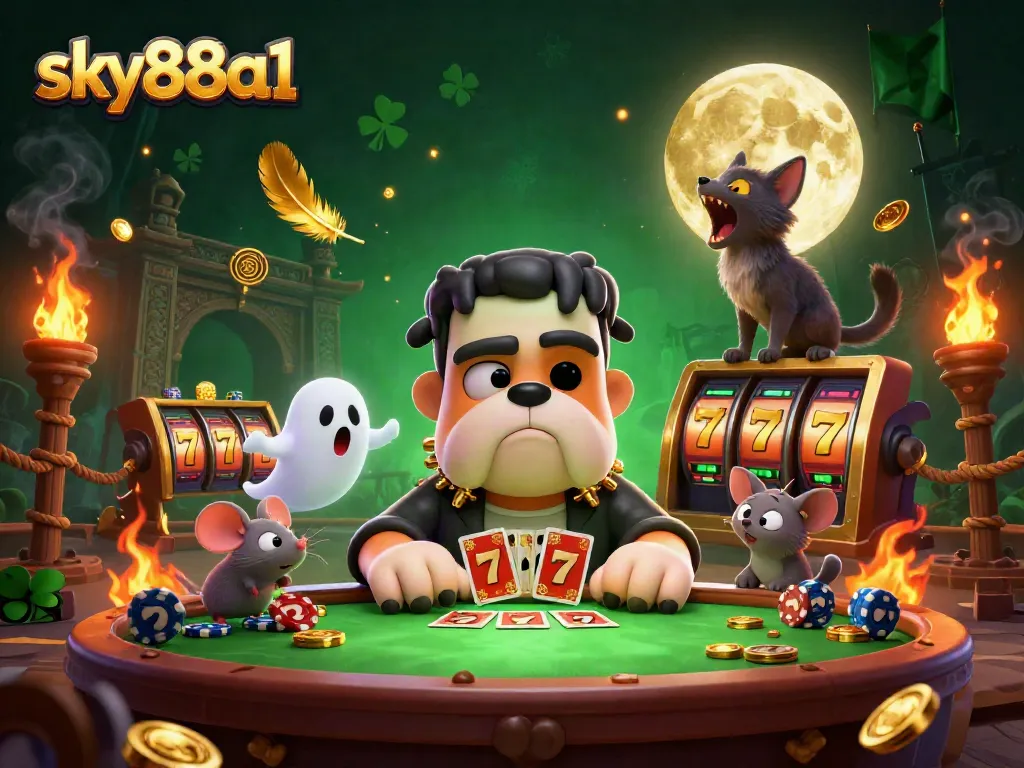 Engage in thrilling card games with sky88a1 at a vibrant casino illustration featuring unique characters.