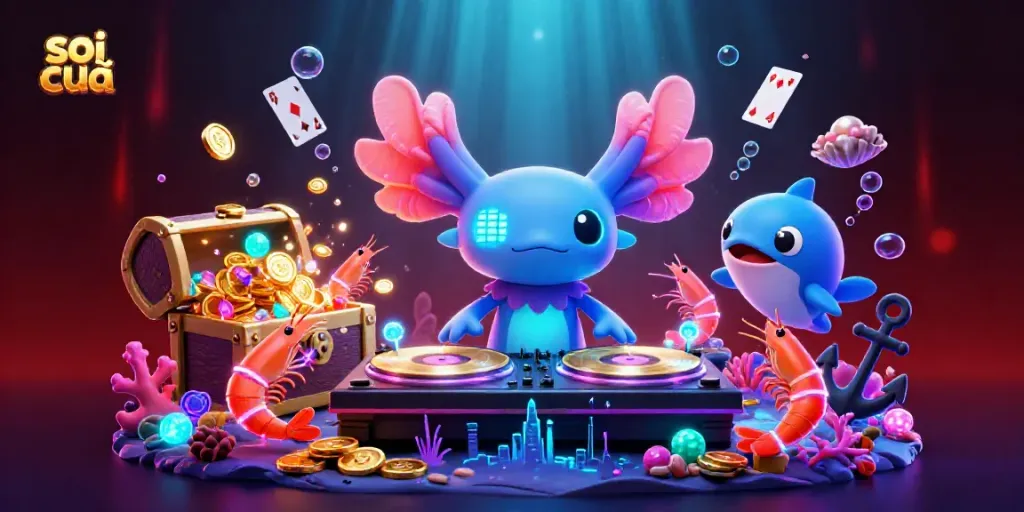 Engage with fun gameplay at soi cầu, featuring a vibrant scene of neon underwater characters and casino elements.