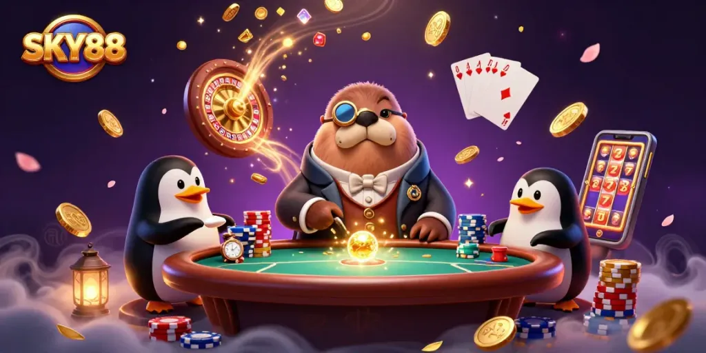 SKY88 players enjoy thrilling games at an underwater casino with unique characters and vibrant elements.