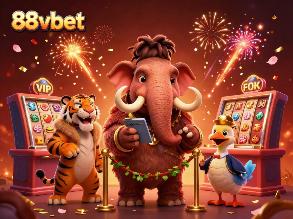 Engage in thrilling gaming at 88vbet with a cartoon mammoth bouncer welcoming VIP guests.
