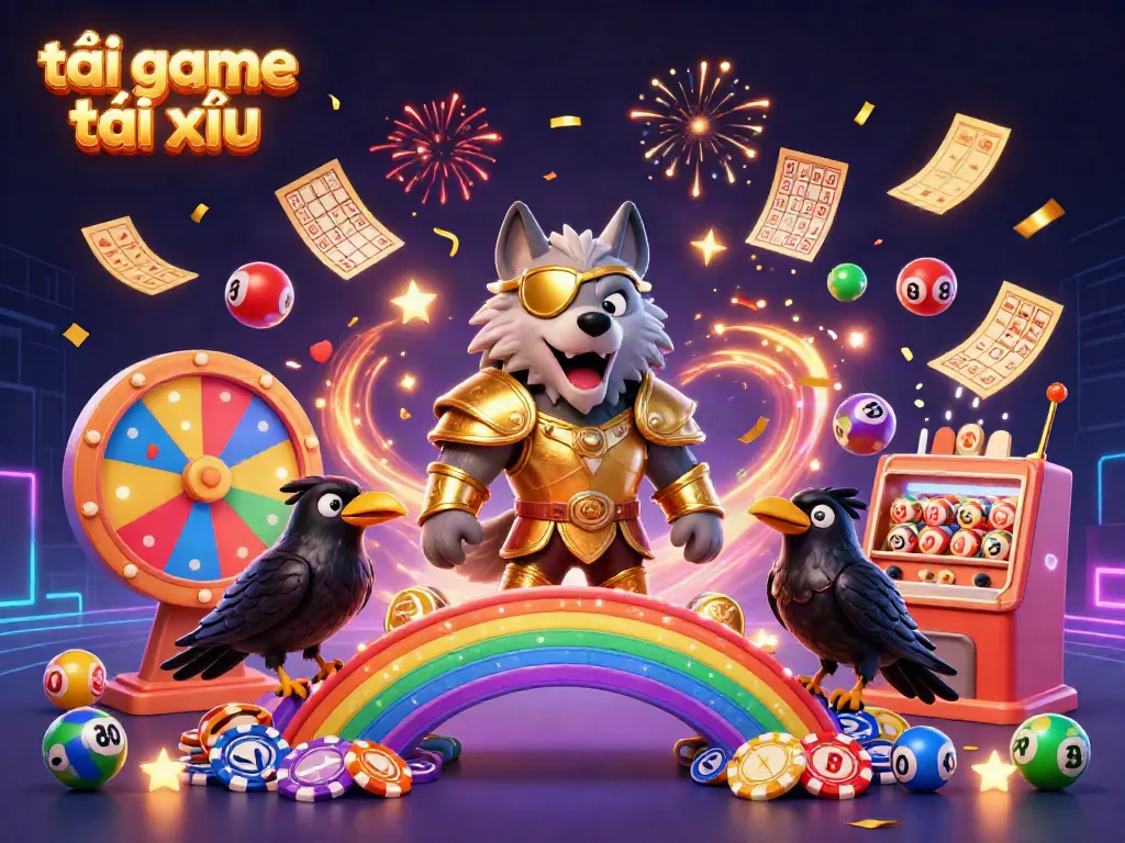 Engage with excitement in the vibrant scene inviting you to tải game tài xỉu, featuring casino elements and magical characters.