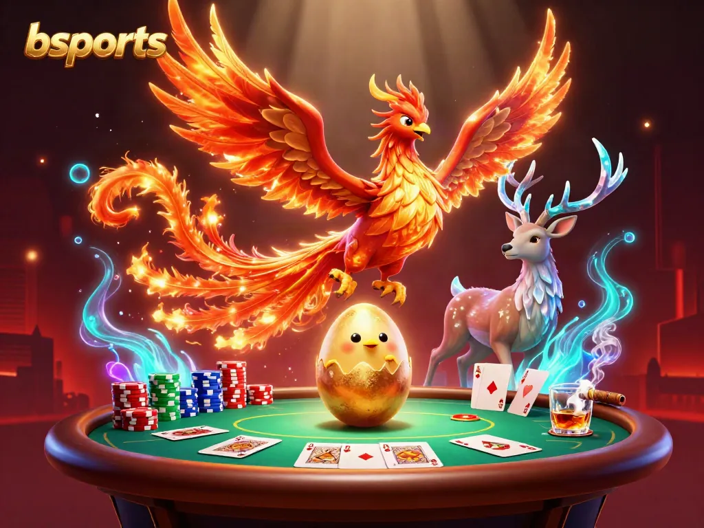 Experience thrilling gameplay with bsports as the fire phoenix rises amidst poker chips and community cards in a vibrant casino.