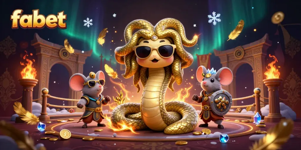 Experience winning moments at fabet with a friendly Medusa and warrior mouse in an energetic gambling scene.