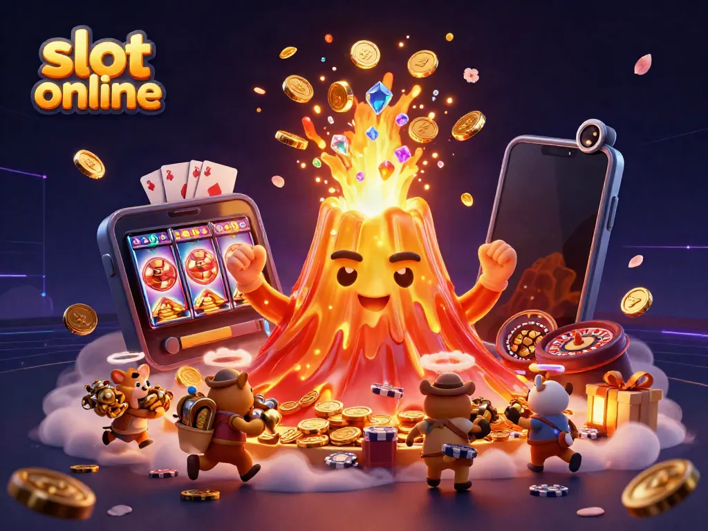 Engage in the excitement of slot online with a vibrant illustration showcasing treasure and gaming elements.