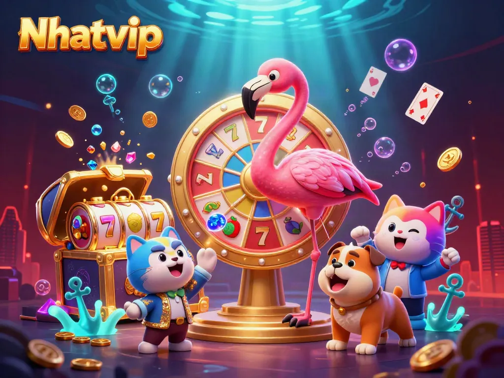 Nhatvip casino scene with a flamingo host, bulldog contestant, and slot elements
