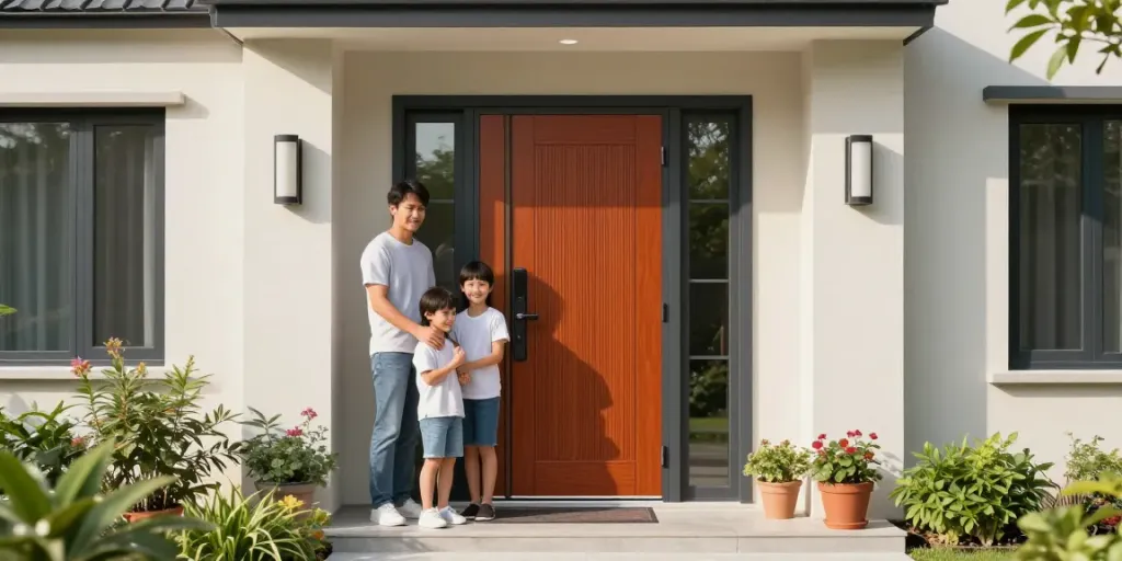 Stylish Pintu uPVC Tangerang door enhancing home entrance with a welcoming family.
