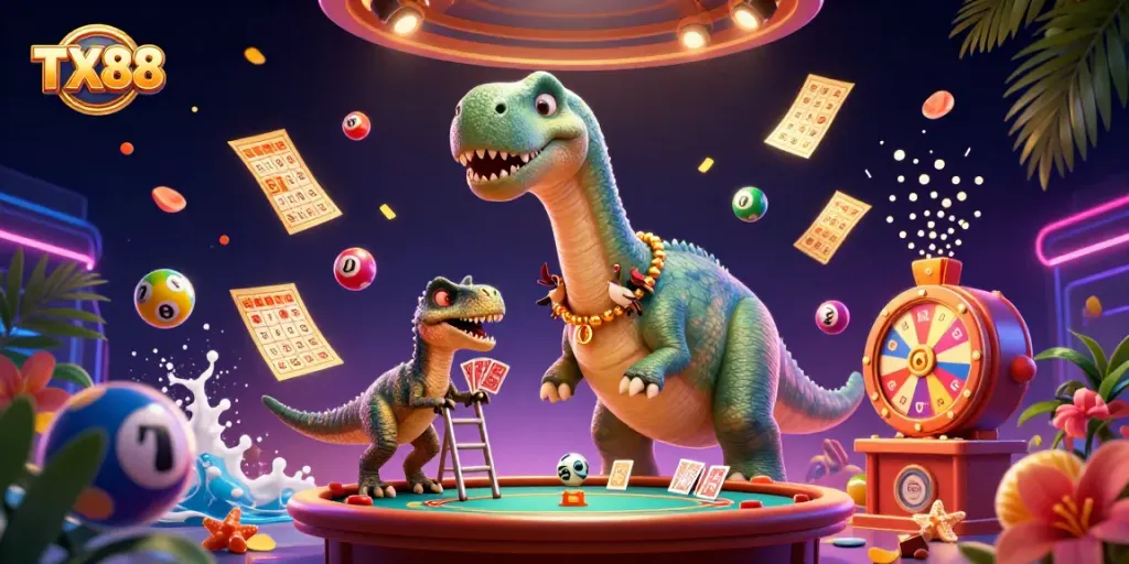 Experience the thrilling world of TX88, where vibrant lottery balls and a dynamic casino scene come to life.