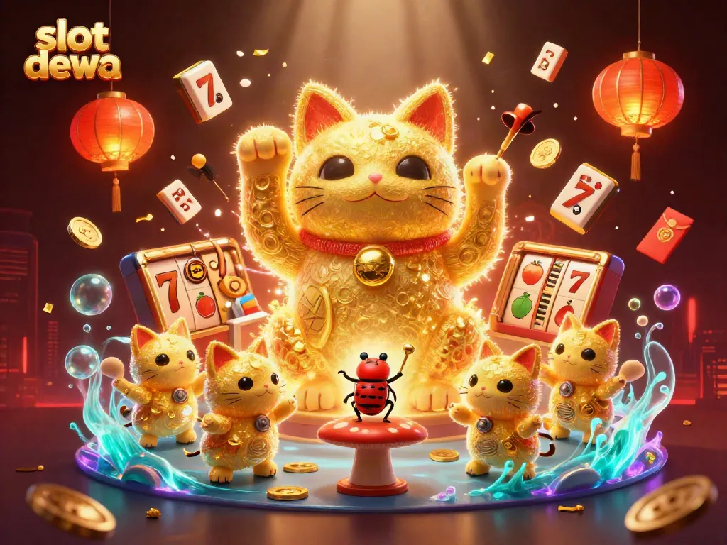 Experience the thrill of slot dewa with a vibrant lucky cat and dynamic casino symbols.