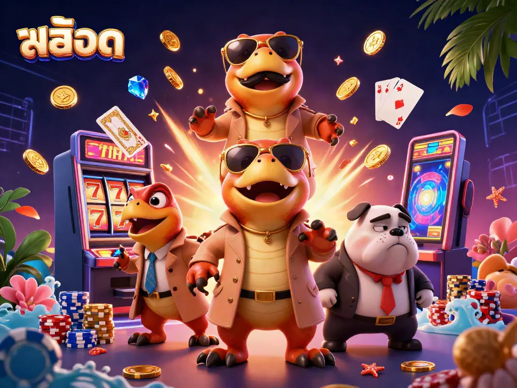 Engage with สล็อต gameplay in a vibrant 3D casino scene highlighting raptors and casino elements.