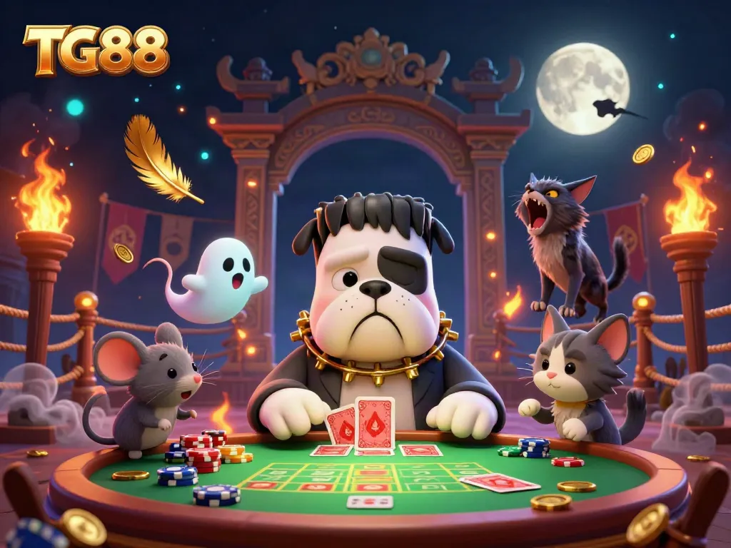 TG88 illustrates the thrilling action of a Frankenstein bulldog dealing cards at a casino table while a ghost mouse floats nearby.