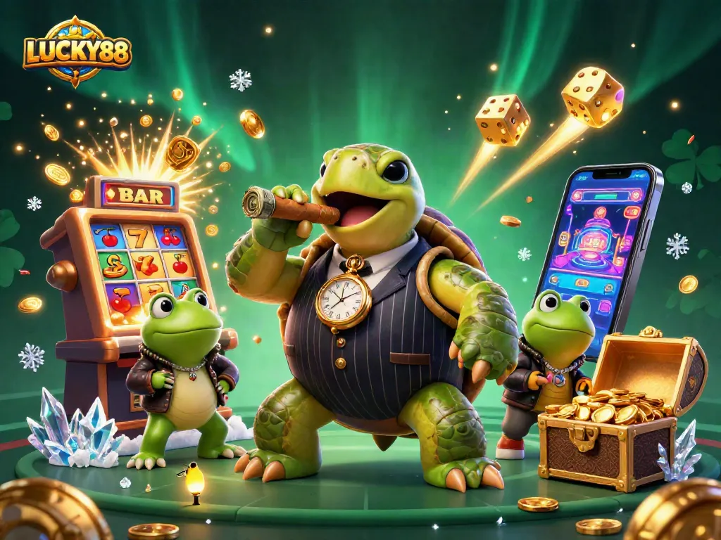 Engage in LUCKY88 slot adventures with a snapping turtle and bullfrog enforcers in a vibrant casino scene.