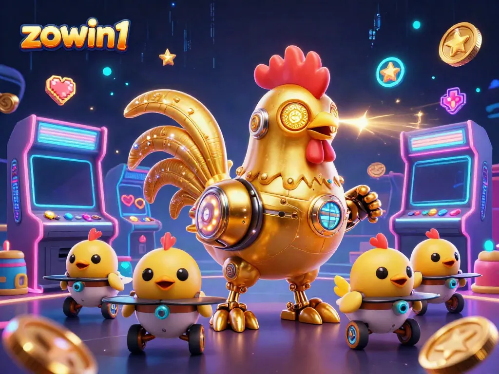 Zowin1 features an engaging 3D scene with a golden rooster robot, arcade elements, and vibrant casino aesthetics.