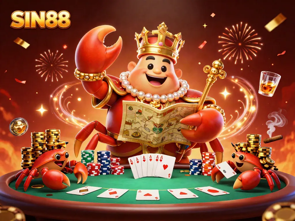 Bet and win at SIN88 with a vibrant, engaging 3D casino scene featuring a golden crab emperor and poker elements.