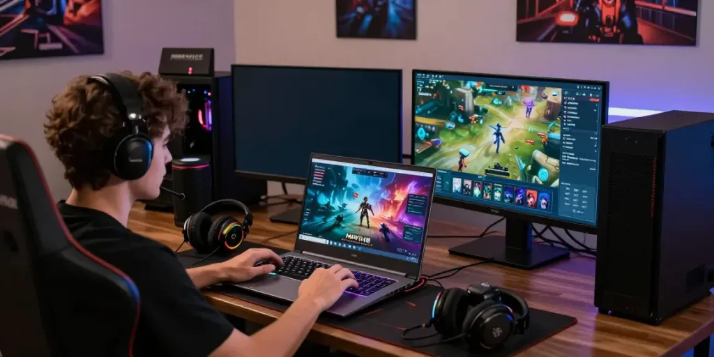 Mantul88 login scene showing a gamer using a laptop with gaming peripherals and vibrant graphics in a stylish environment.