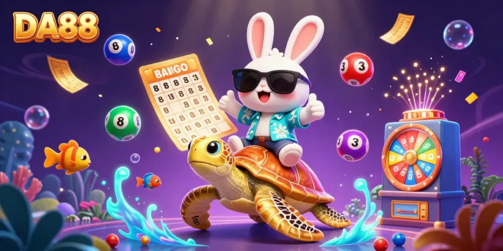 Engage in DA88 with vibrant lucky rabbit riding a golden turtle in a lively casino scene.
