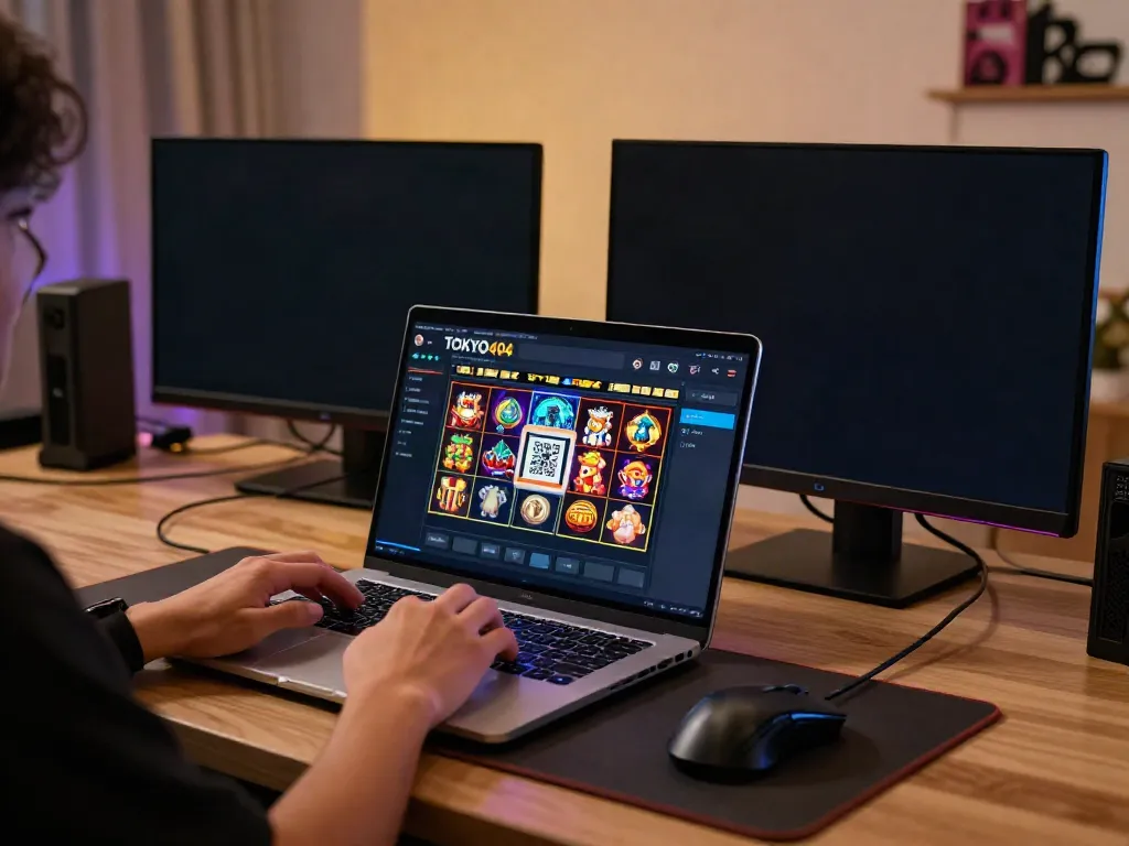 Engaging gaming experience with TOKYO404 slot qris interface on laptop and smartphone.