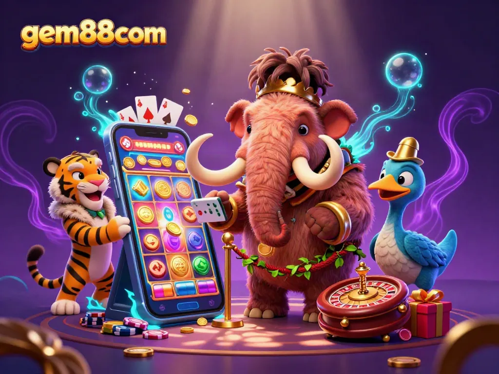 Experience the vibrant gaming world with gem88com's captivating illustration of a woolly mammoth casino bouncer.