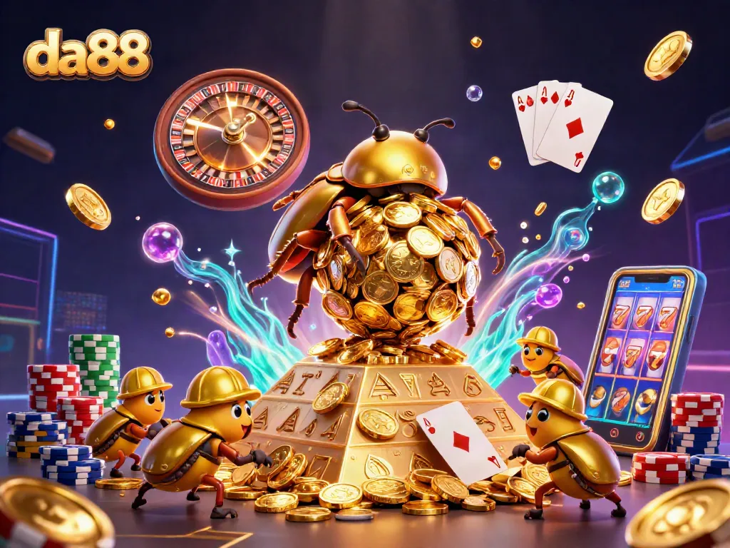 Experience da88 gameplay with golden coins, a giant beetle, and exciting casino elements in this vibrant scene.