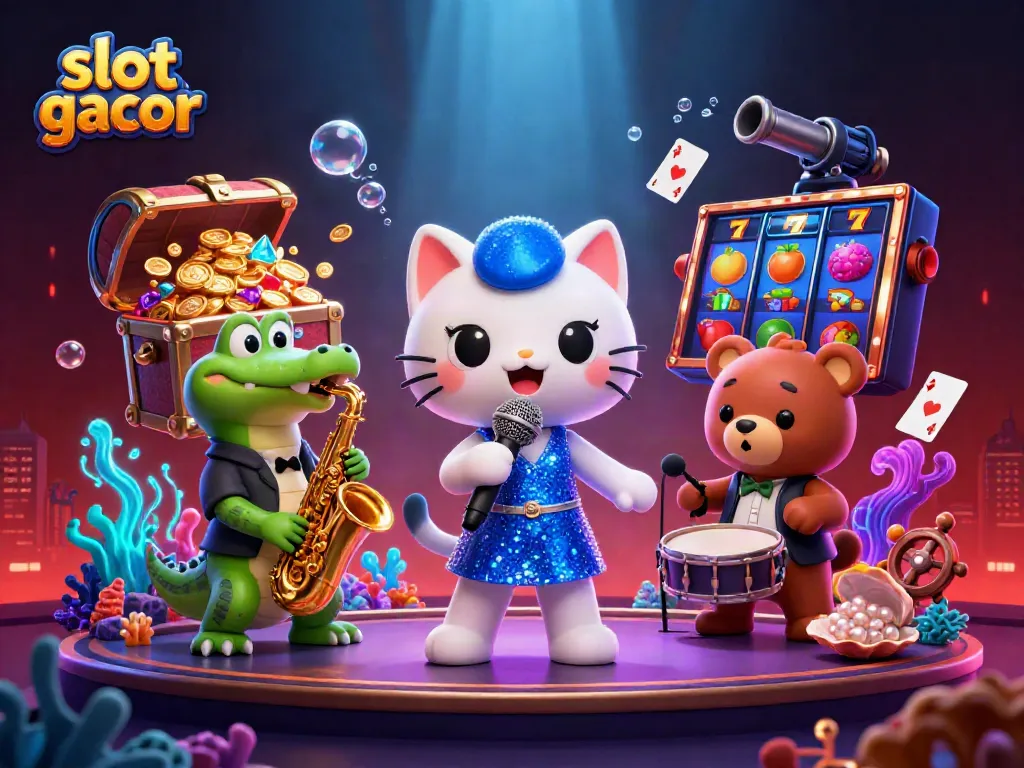 Engage with slot gacor action in an animated casino scene featuring vibrant characters and classic game elements.