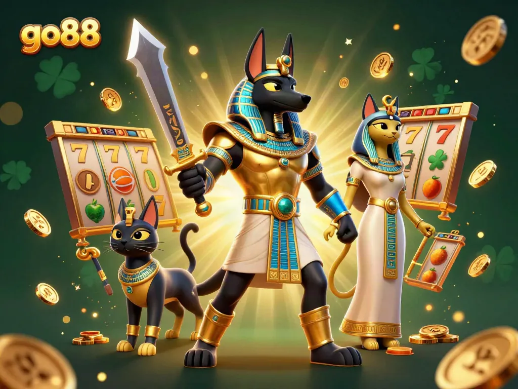 Experience thrilling gameplay at go88 with Anubis and Bastet in a dynamic casino scene.
