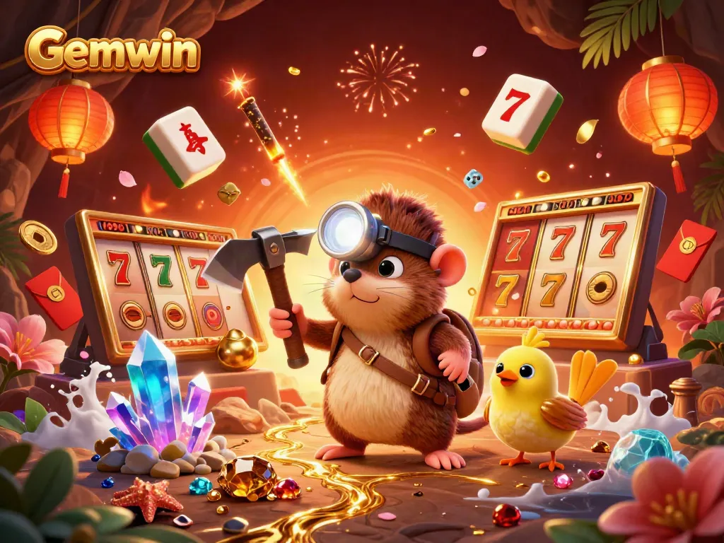 Gemwin treasure hunter mole mines gold while surrounded by vibrant casino elements.