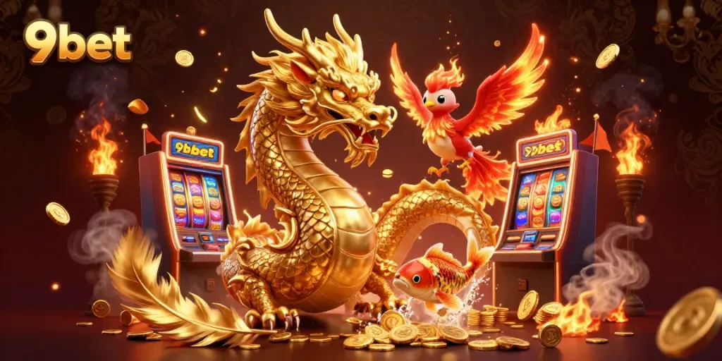 Engage with thrilling 9bet gameplay illustrated by a golden dragon and phoenix in a casino scene.