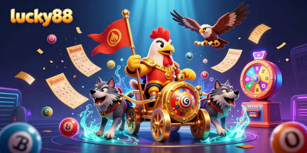 Engage with lucky88 in this vibrant 3D digital illustration showcasing a thrilling casino adventure with colorful elements.