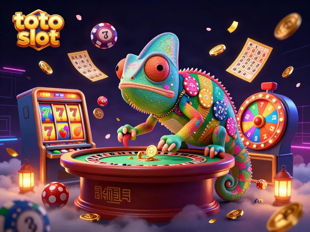 Experience the excitement of toto slot with a dynamic scene of vibrant slots, colorful elements, and a playful chameleon casino owner.