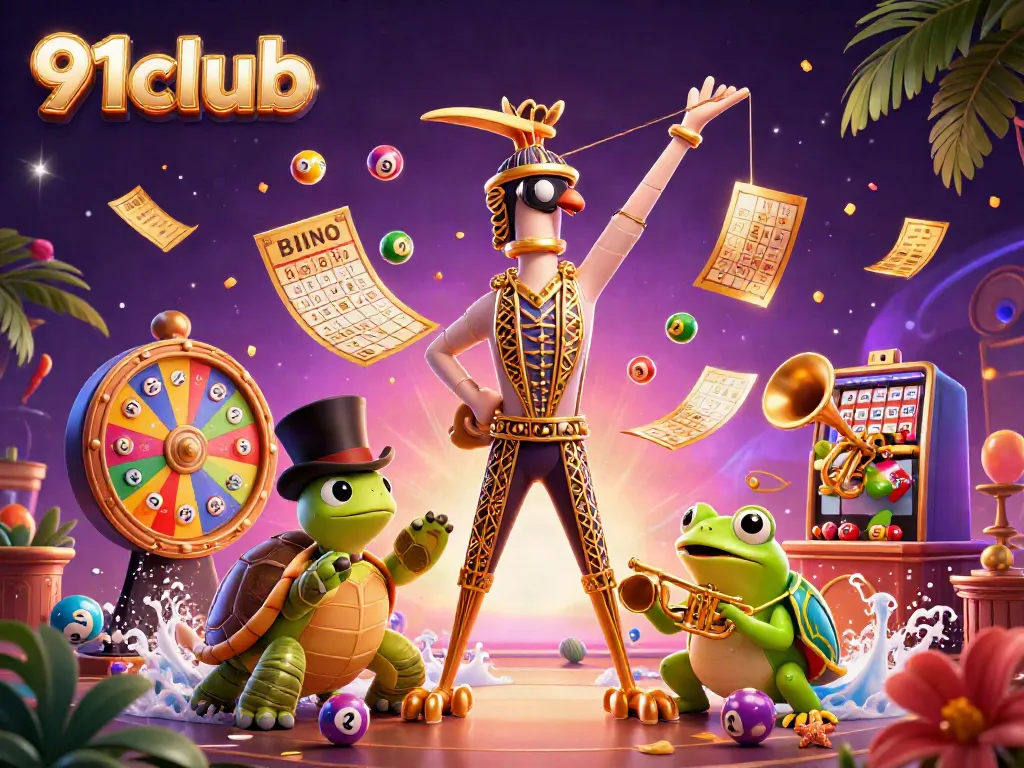 Engage with 91club's vibrant gaming scene featuring dynamic lottery elements and whimsical characters.