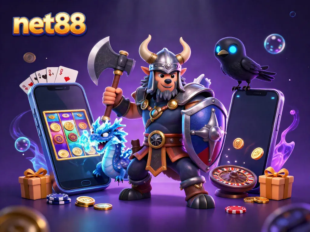 Spinning slots and gaming excitement featuring net88, Viking warrior and dragon illustration.