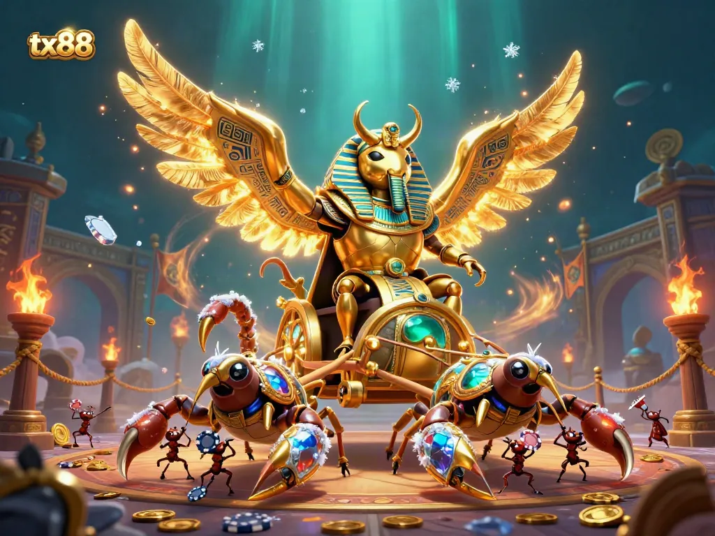 Experience thrilling gaming action at tx88 with a vibrant casino scene featuring a golden scarab and scorpions.
