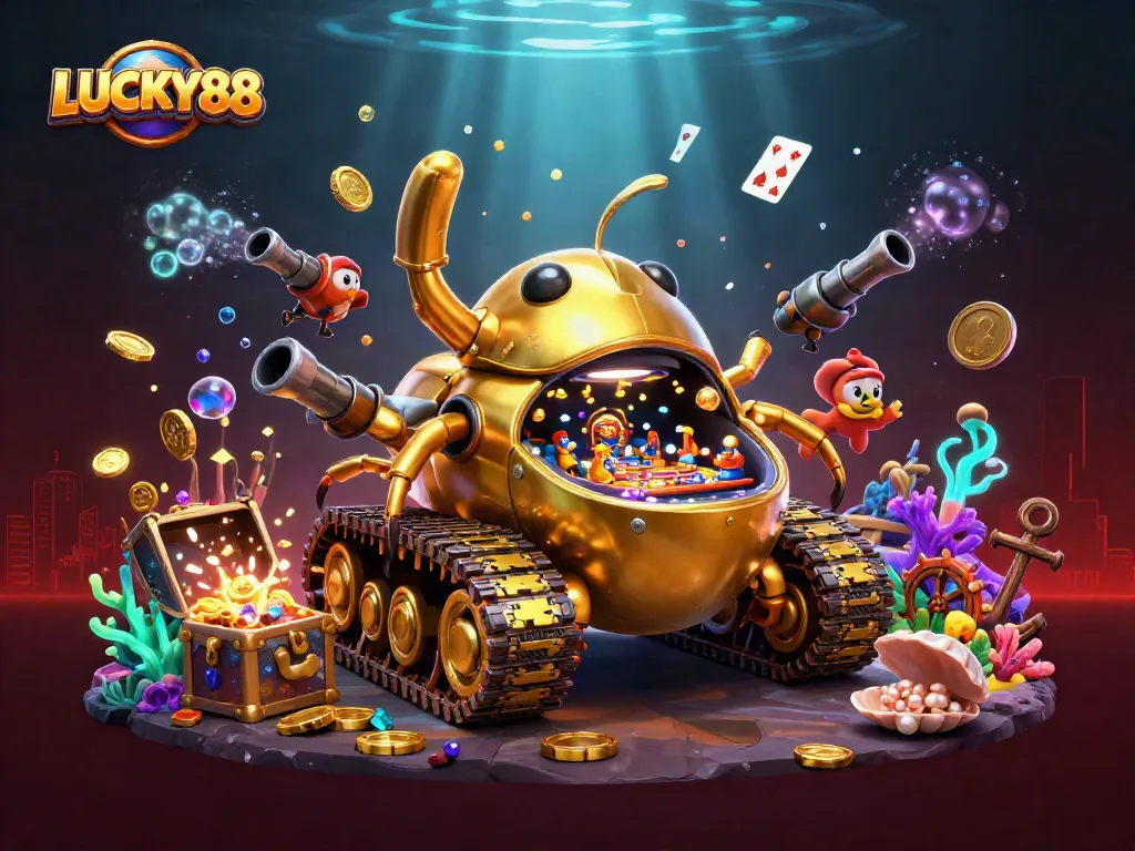 LUCKY88 presents an exciting 3D casino scene with a golden beetle tank and vibrant gaming elements.