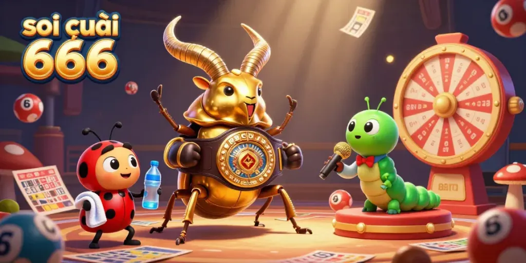 Engaging illustration showcasing soi cầu 666 with a giant stag beetle in a championship belt, surrounded by lottery elements.
