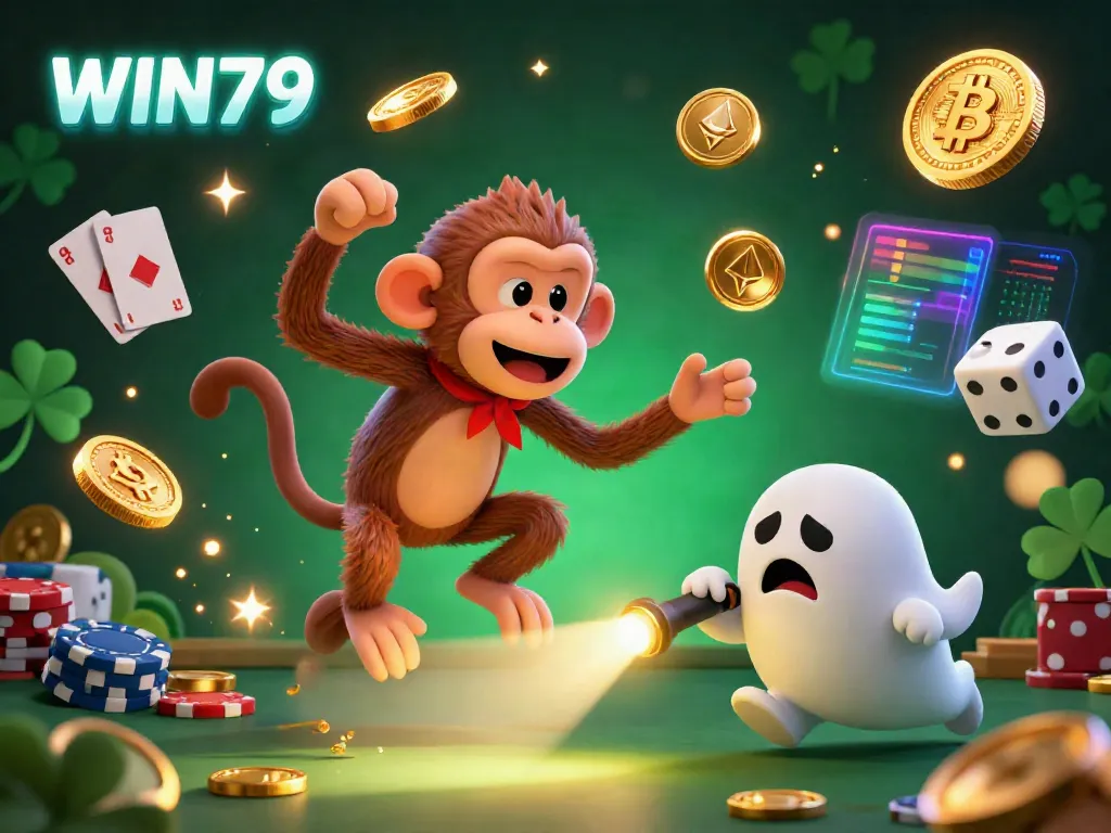Catch the excitement in WIN79 as a mischievous monkey juggles casino treasures in a haunted setting.
